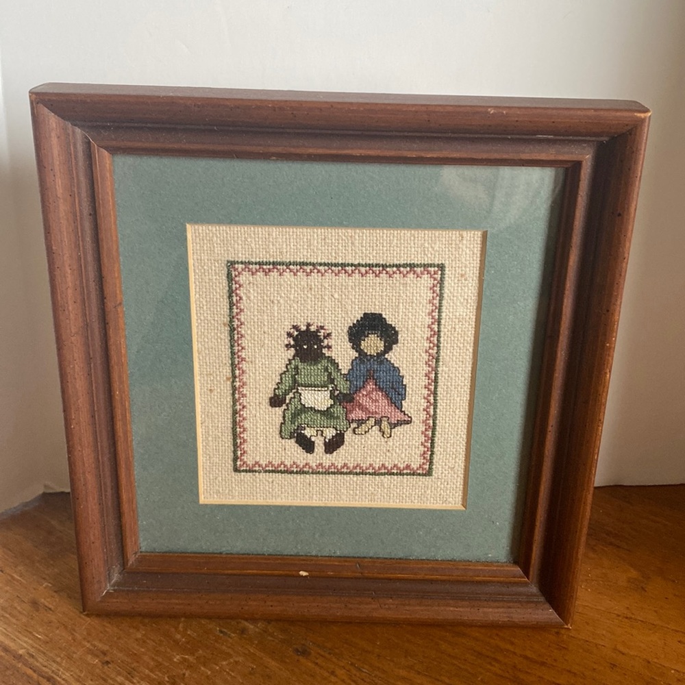 Vintage hand made folk art cross stitch Amish 7” x 7 1/2” wood frame picture